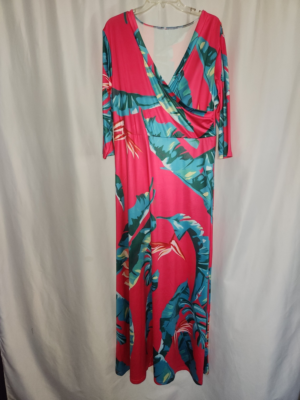 Tropical Print Pink Maxi Dress with Teal Accents #whimsical #resort #bohemian